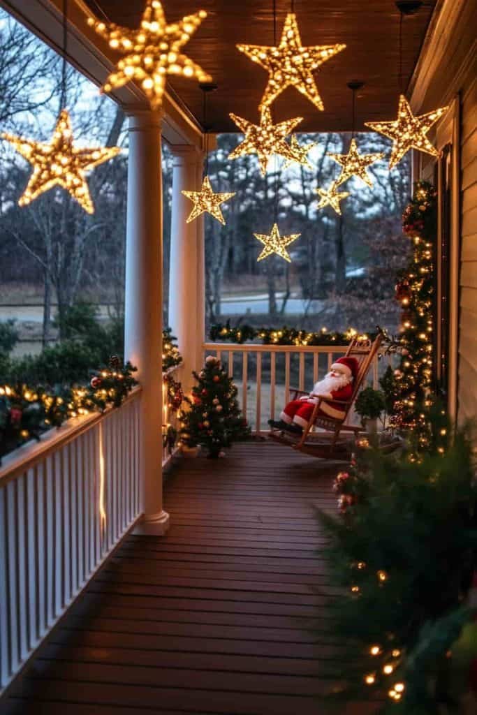 Porch ceiling adorned with twinkling LED star lights, dark wood beams, soft white glow