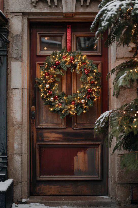 Front entrance door displaying pre-lit evergreen wreath with warm fairy lights and velvet ribbon.