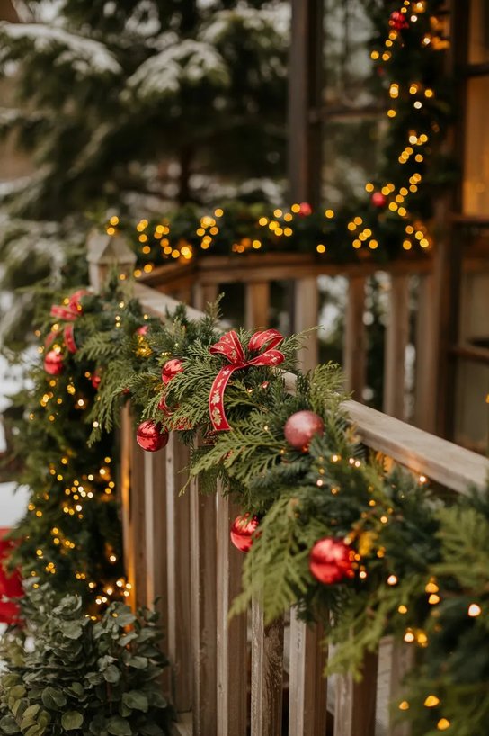 Outdoor porch steps showing thick pine garland with warm fairy lights woven along black iron railings.