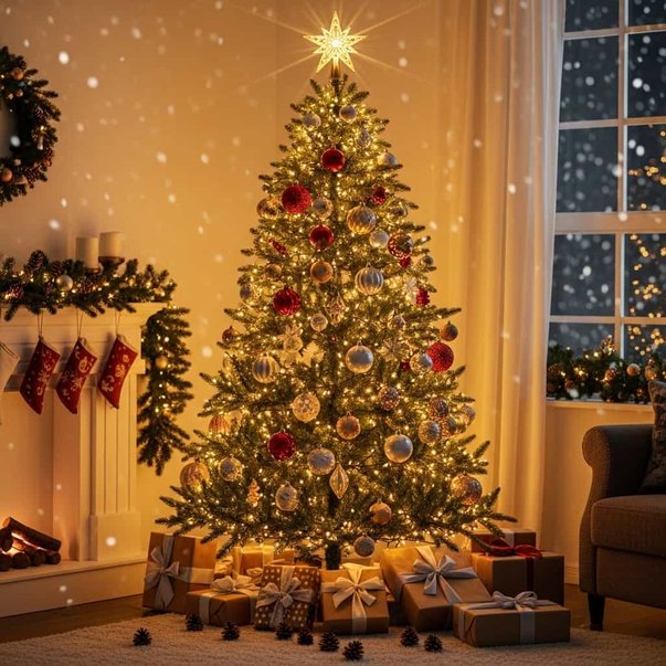 Traditional living room with glowing fir tree, brick fireplace, wrapped gifts, and warm hearth fire