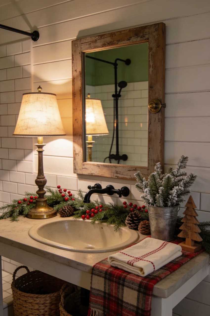 Lit lamp beside mirror, white bathroom, warm lighting, festive ambiance