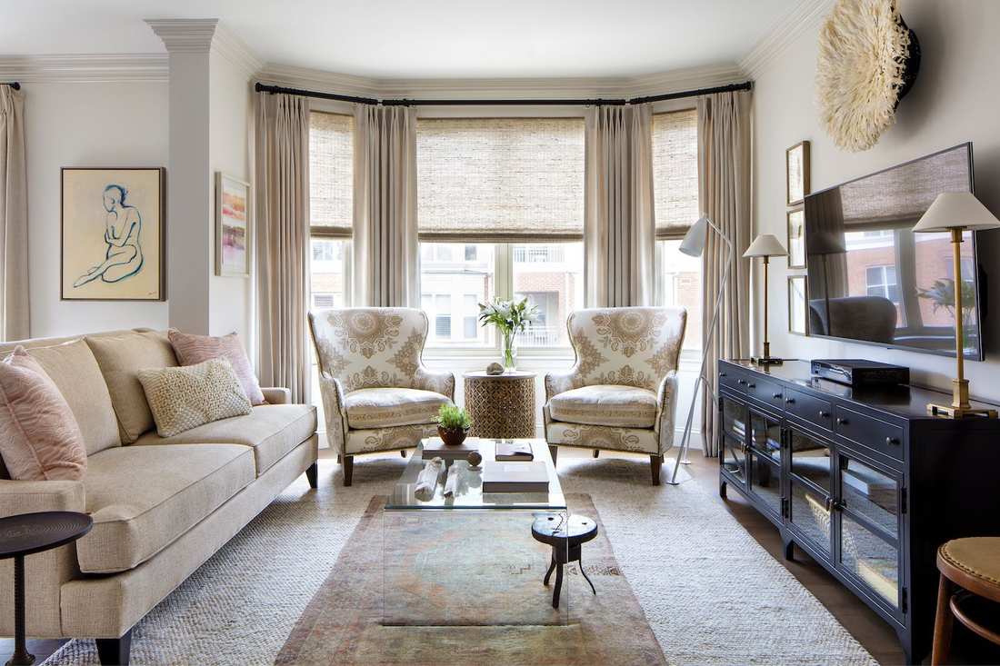 Modern living room curtains with an ombré blue to white transition.