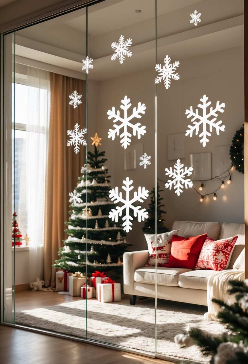 Living‑room window adorned with metallic snowflake decals, soft sheer curtains, and a string of warm white lights.