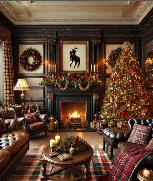 Open‑plan living area with stone fireplace, tartan armchair, walnut coffee table, soft amber lighting.