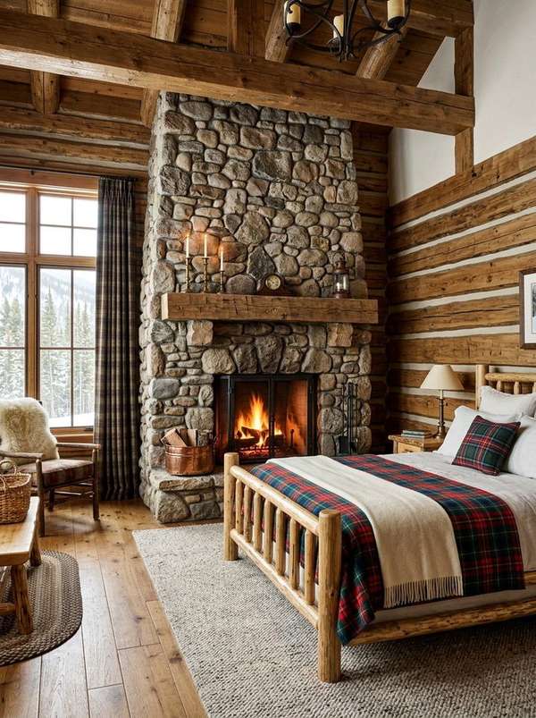 Rustic bedroom featuring a log‑styled bed, stone fireplace, and oversized plaid throw blanket