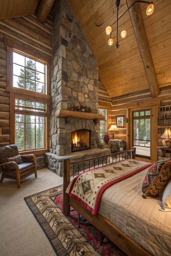 Rustic cabin bedroom featuring antler wall decor, stone fireplace, and deep green bedding set
