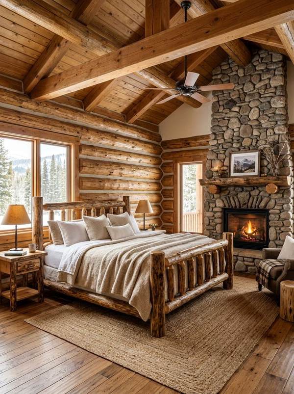 Rustic bedroom with stone fireplace, beige linen bedding, and reclaimed wood nightstand