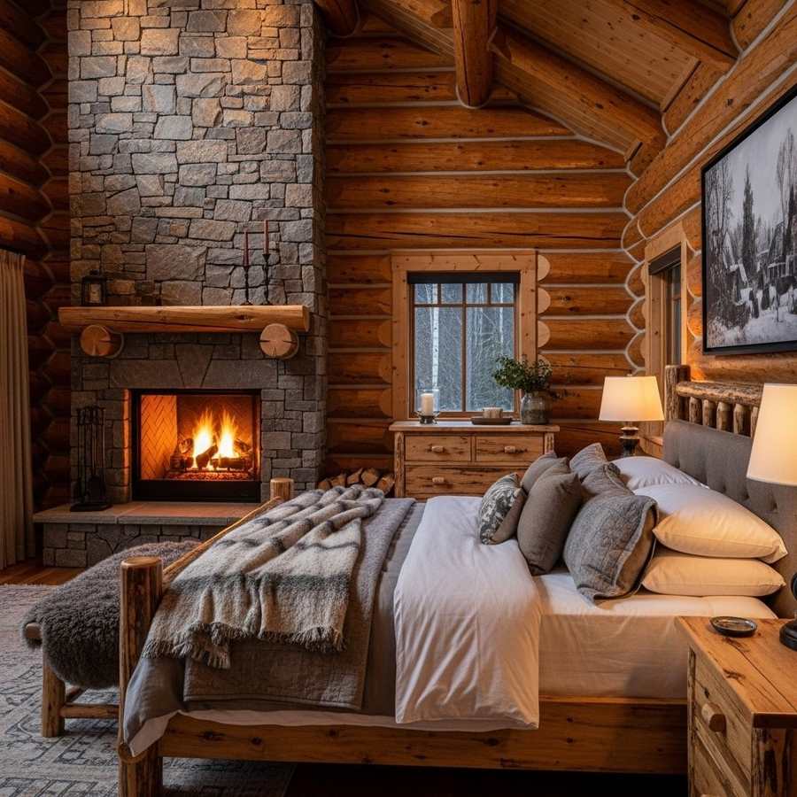 Rustic cabin bedroom featuring a stone fireplace, gray duvet set, and reclaimed pine furniture