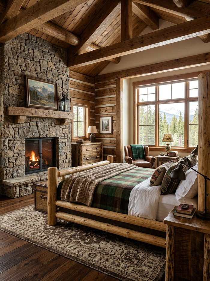 Rustic cabin bedroom featuring a stone fireplace, log wall, and red‑black plaid bedding set