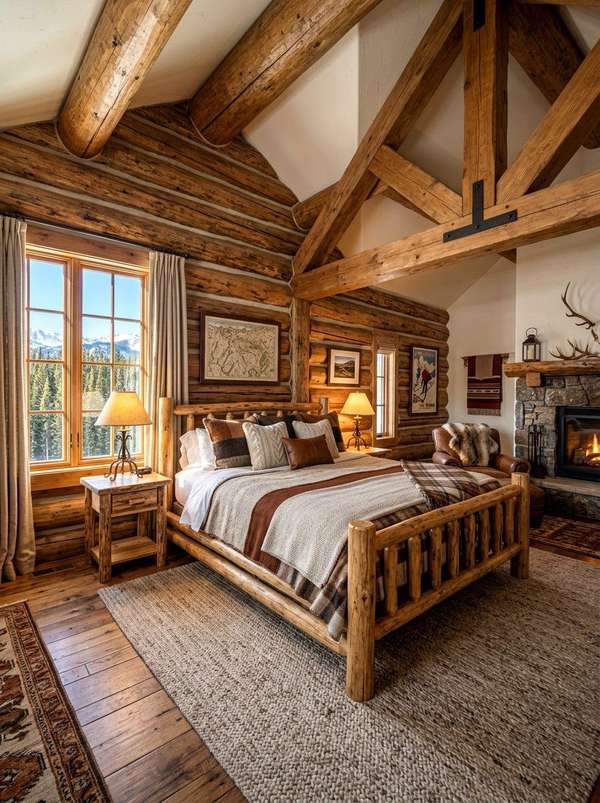 Rustic bedroom featuring vaulted log beams, large windows, and a low‑profile wooden bed with neutral bedding