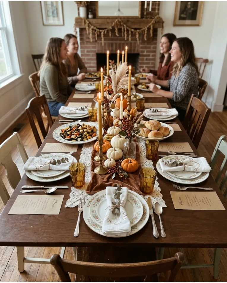 Long wooden table with a lace runner and simple place settings