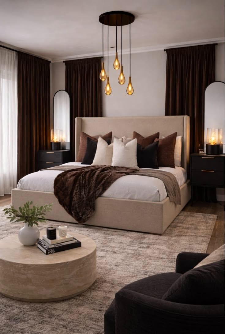 Luxury bedroom with chocolate brown velvet drapes and a teardrop pendant light