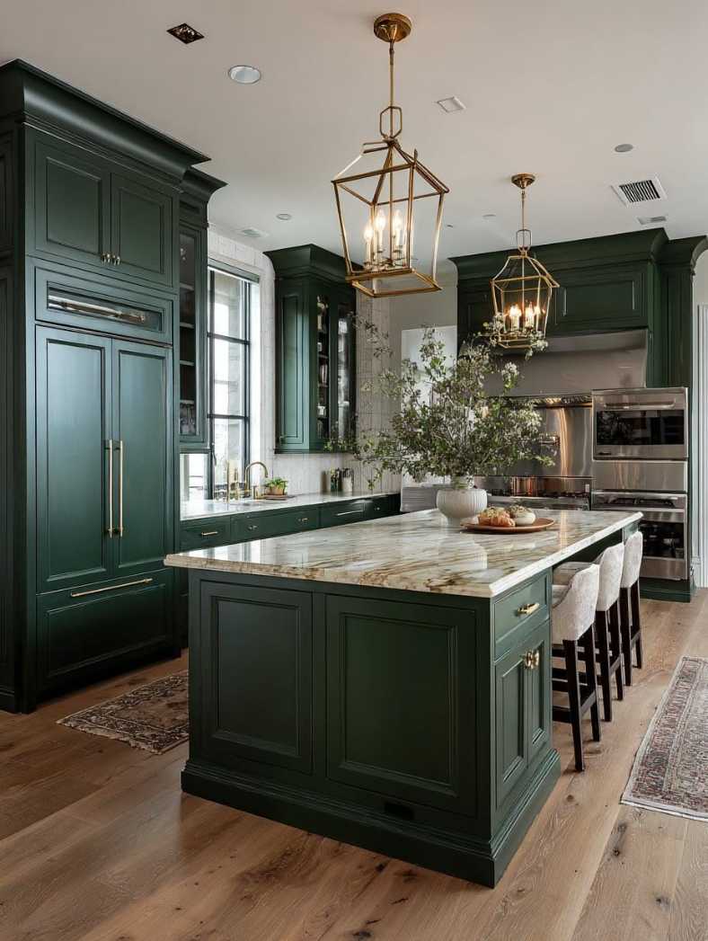 Forest green kitchen island, brass lantern pendant lights, marble countertop, high‑gloss cabinets.