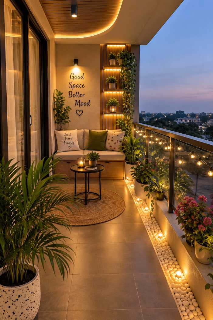 High‑rise balcony with cove lighting, pebble border flooring, and sleek low‑profile sofas.