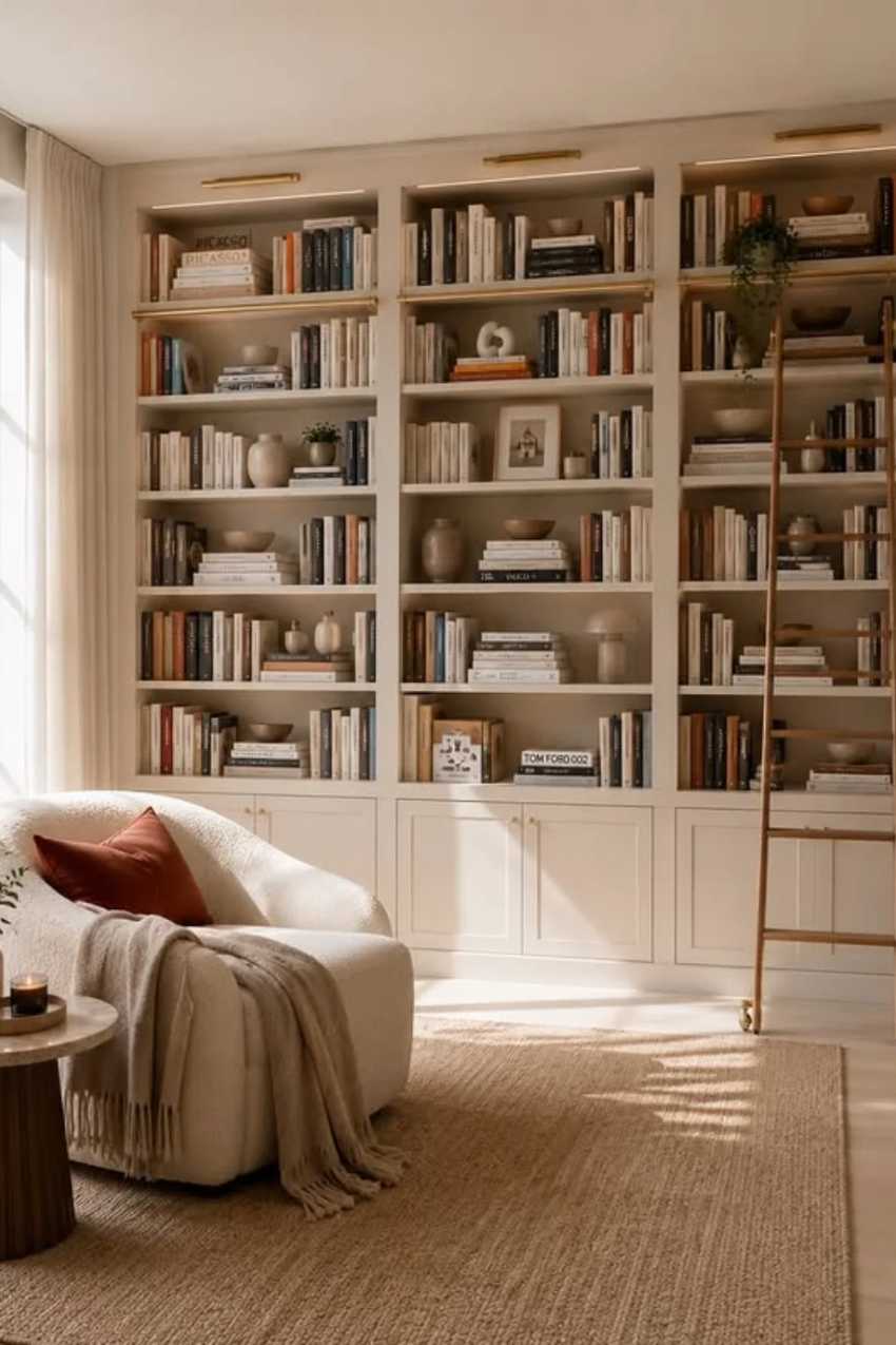 Tall library ladder, deep‑blue bouclé armchair, brass floor lamp, dark walnut shelves, rich mahogany floor.