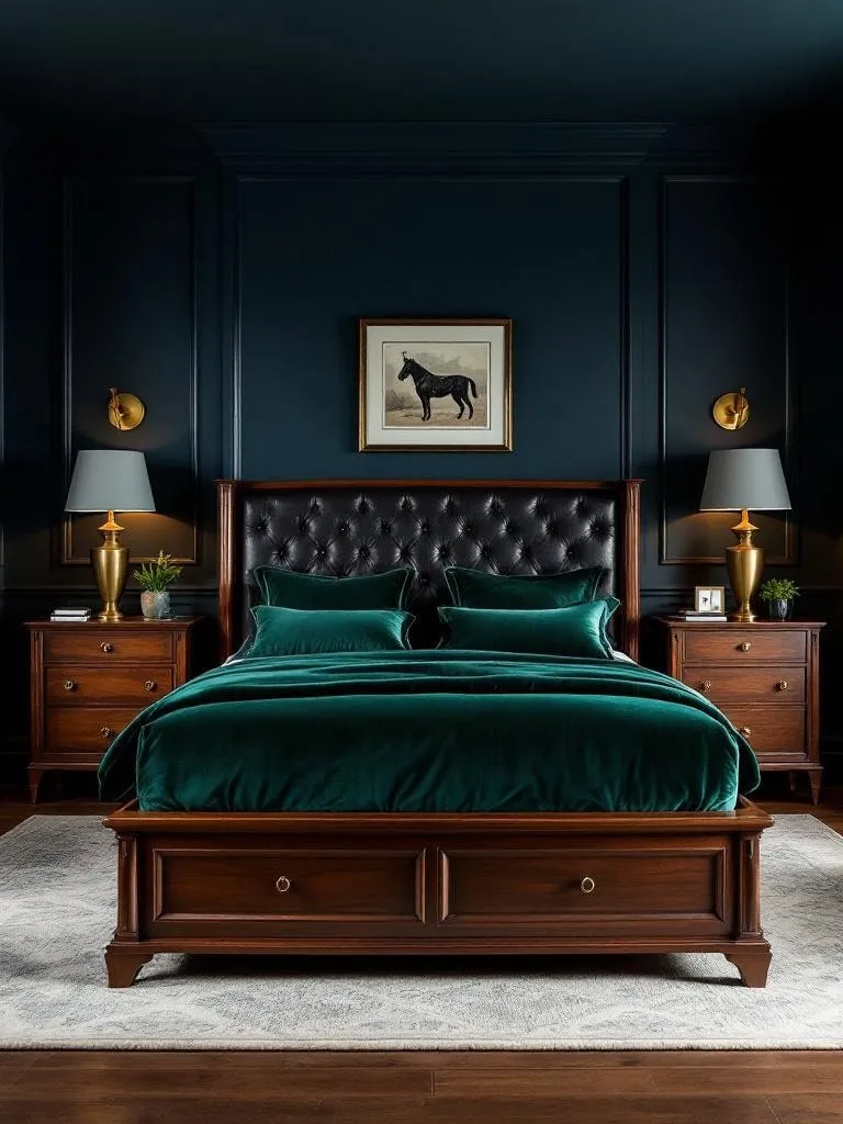 Luxury men’s bedroom featuring dark blue crown molding, green velvet bedding, and high‑end lighting fixtures.