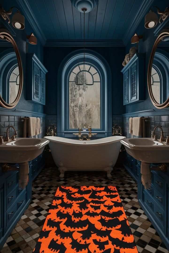 Luxury bathroom with teal walls, claw‑foot tub, bat runner rug, polished marble floor, dim amber lighting.