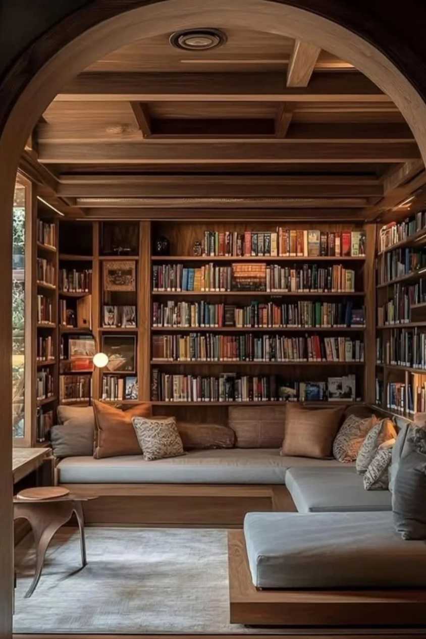 Dark wood paneled walls, leather chaise, built‑in glass display shelves, soft amber lighting, plush rug.