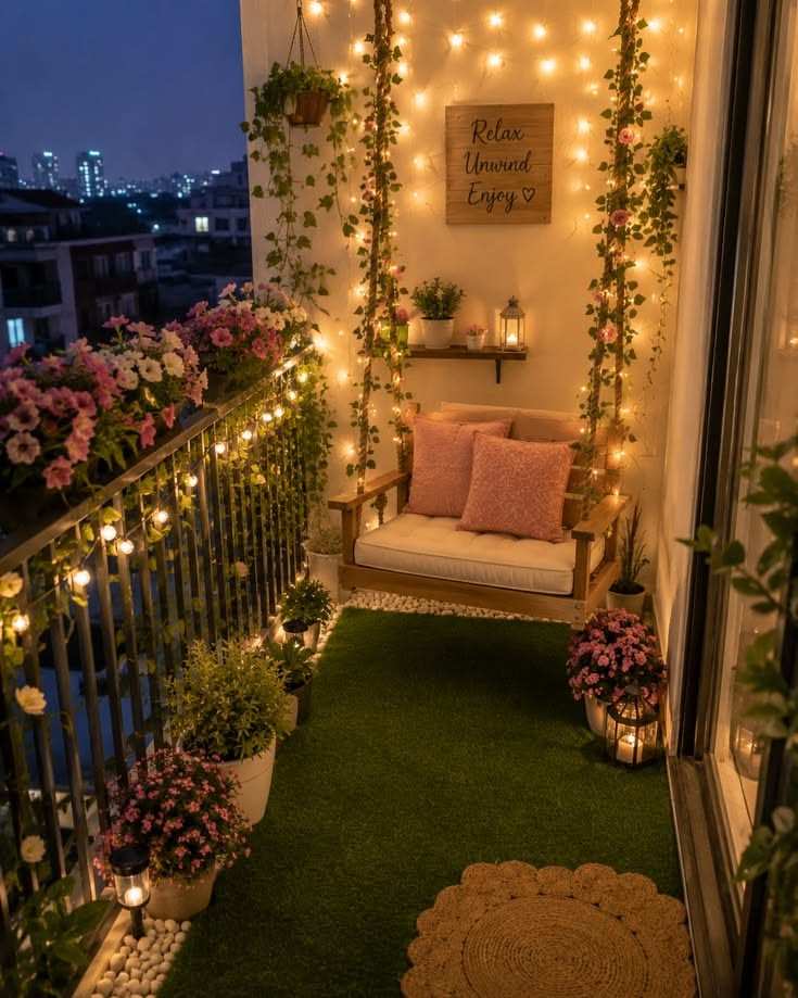 Balcony featuring a hanging swing, fairy lights, and a railing adorned with blooming flower garlands.