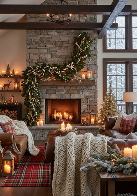Modern mantel with a magnolia leaf garland arranged in an asymmetrical shape.