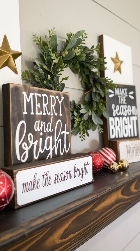 Shelf with 'Make Your Season Bright' signs and lights in a hopeful holiday display.
