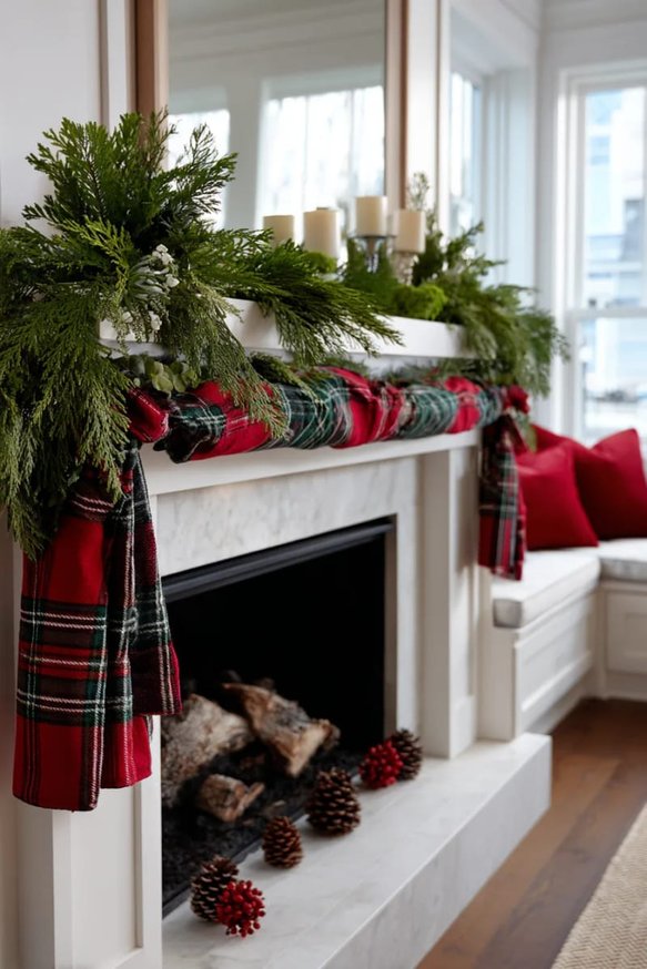 Cozy mantel with tartan fabric draped over the edge and fresh cedar branches.