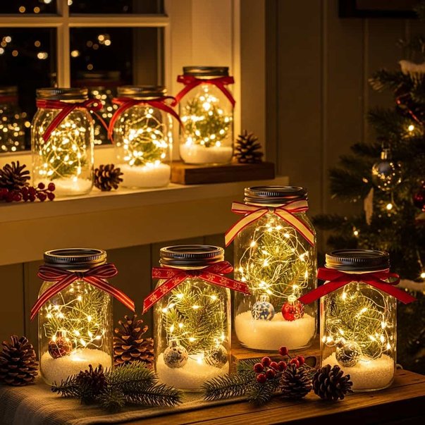 Hallway console with lit mason jar terrariums, artificial snow, cedar greenery, and warm lamp light