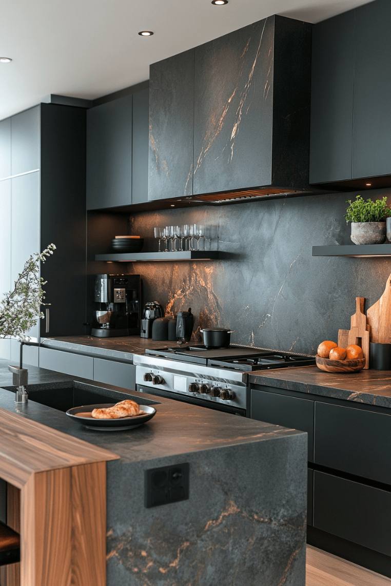 Luxe kitchen featuring matte black cabinets, dark veined marble countertop, chrome faucet, recessed dimmable lighting.