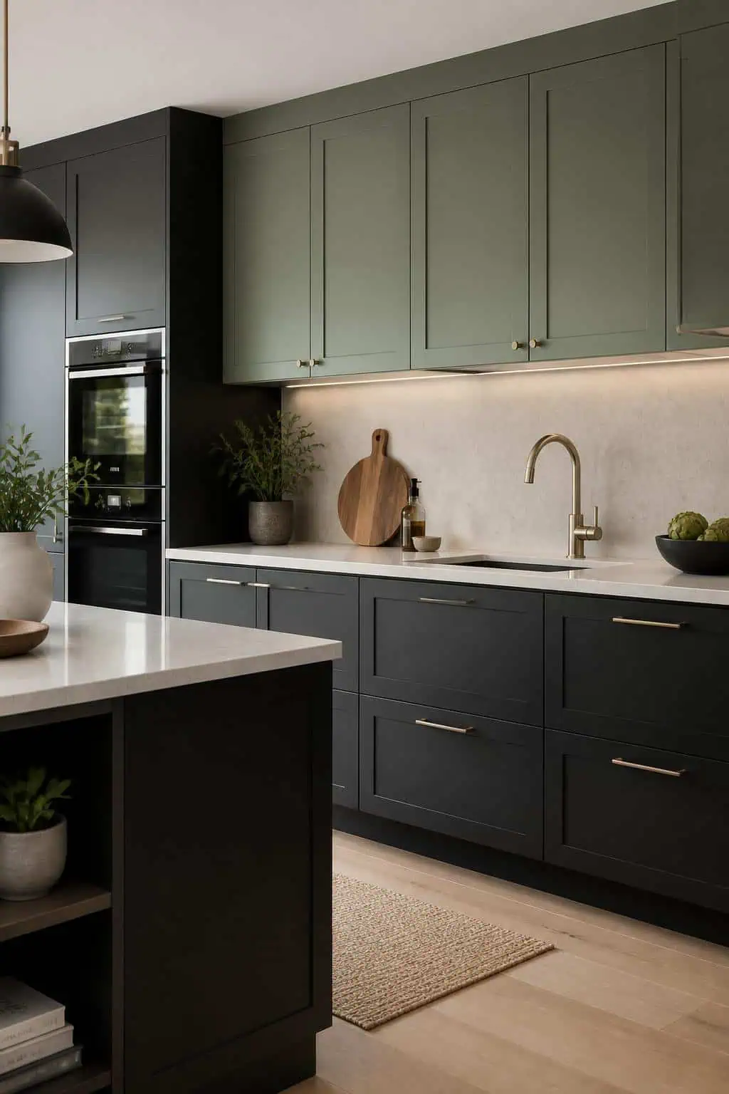 Kitchen interior, matte black lower cabinets, sage green upper cabinets, glass backsplash, warm pendant lighting