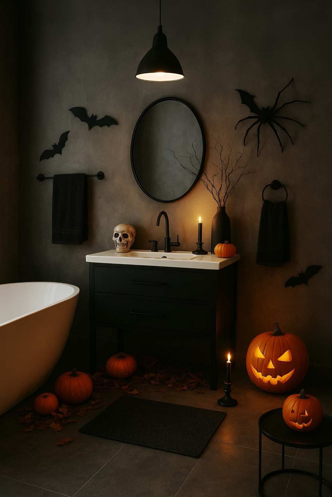 Matte black vanity, illuminated pumpkin skull wall art, dark charcoal wall, cool white LED strip, chrome faucet.