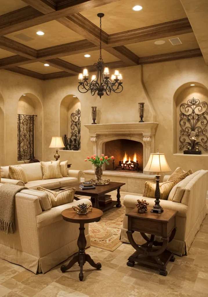 Mediterranean basement room with stone fireplace and arched doorways