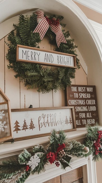 Mantel with 'Merry' and 'Bright' quote signs and small holiday accents.
