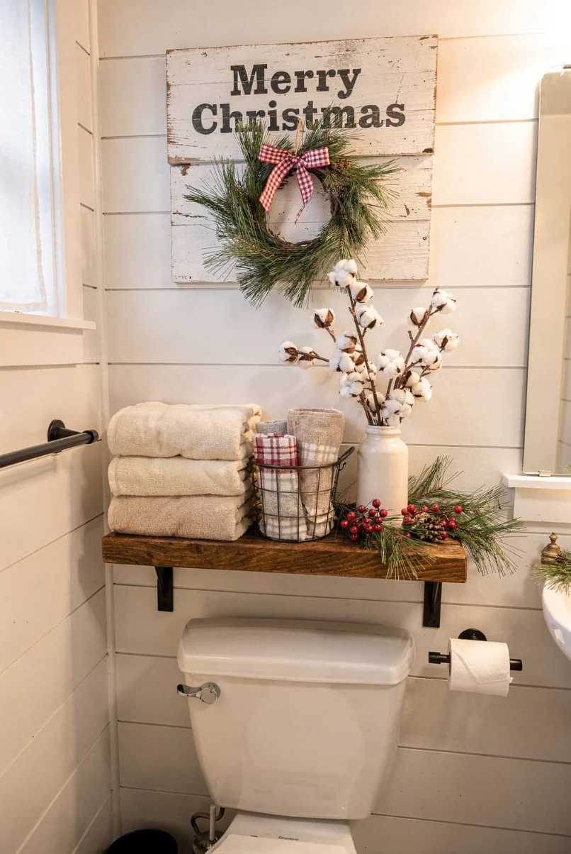 Merry Christmas sign, wreath, white bathroom, festive holiday accent