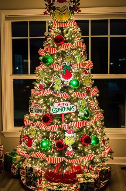 Tree with Merry Grinchmas paper cutouts and green foliage in a bright room