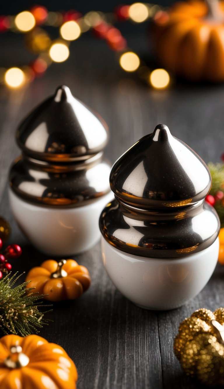 Metallic acorn-shaped salt and pepper shakers on a wooden platter, warm lighting, autumn table setting