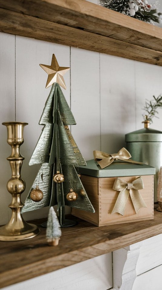 Modern shelf featuring a metallic green mini tree wrapped in gold ribbon and festive gift boxes.