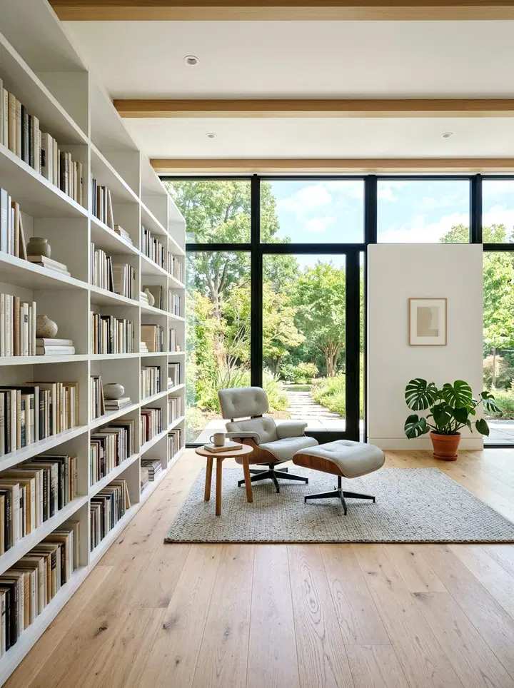 Low‑profile lounge chair, walnut bookshelf, floor lamp with exposed bulb, mustard accent pillow, soft white walls.