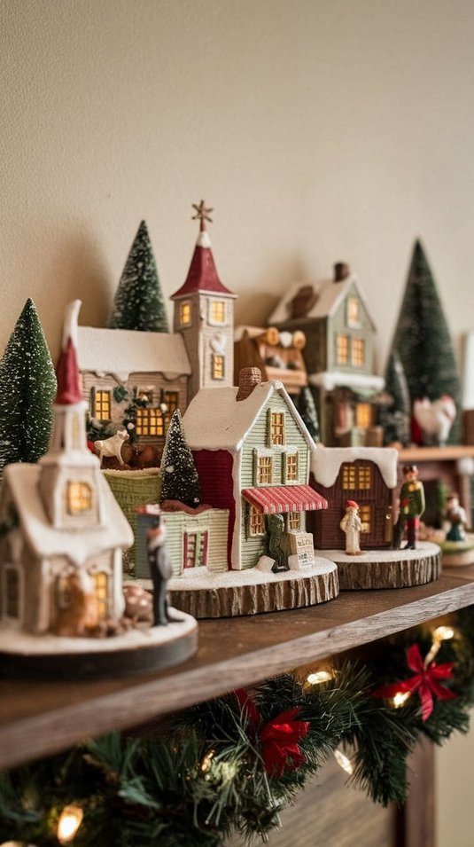 Miniature Christmas village with garland and lights on a shelf.