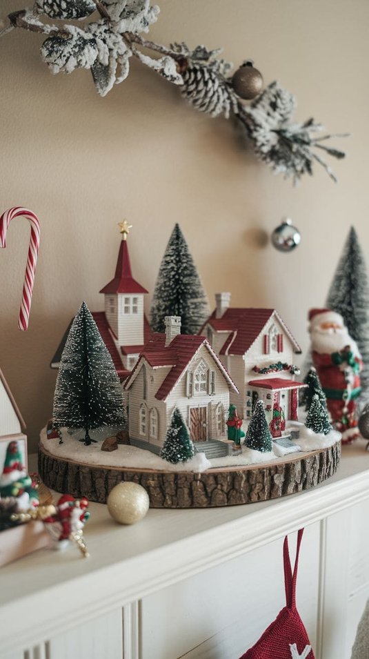 Mini Christmas village displayed on a wood slice for a rustic look.