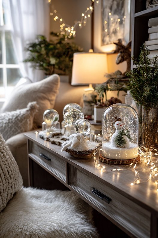 Three small snow globes with different scenes arranged on a wooden desk shelf.