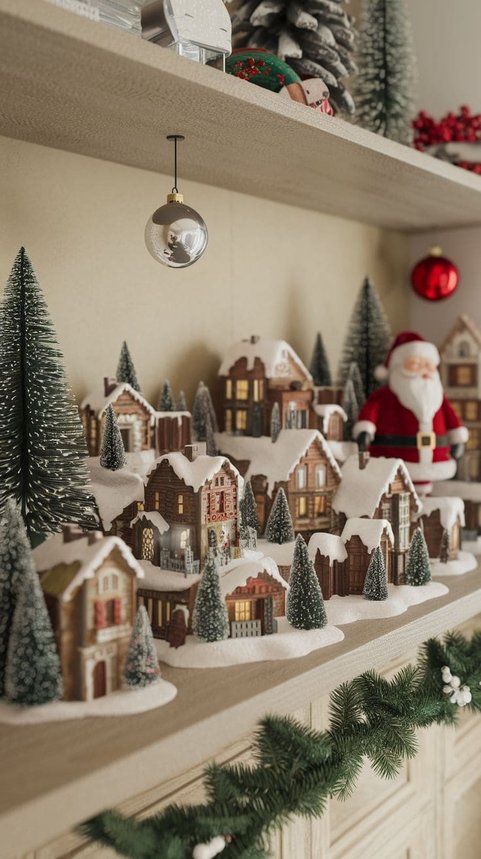 Mini village with a Santa figurine on a shelf in a festive holiday display.