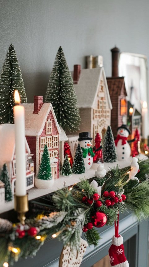 Mini village with snowmen and berry garland on a shelf.