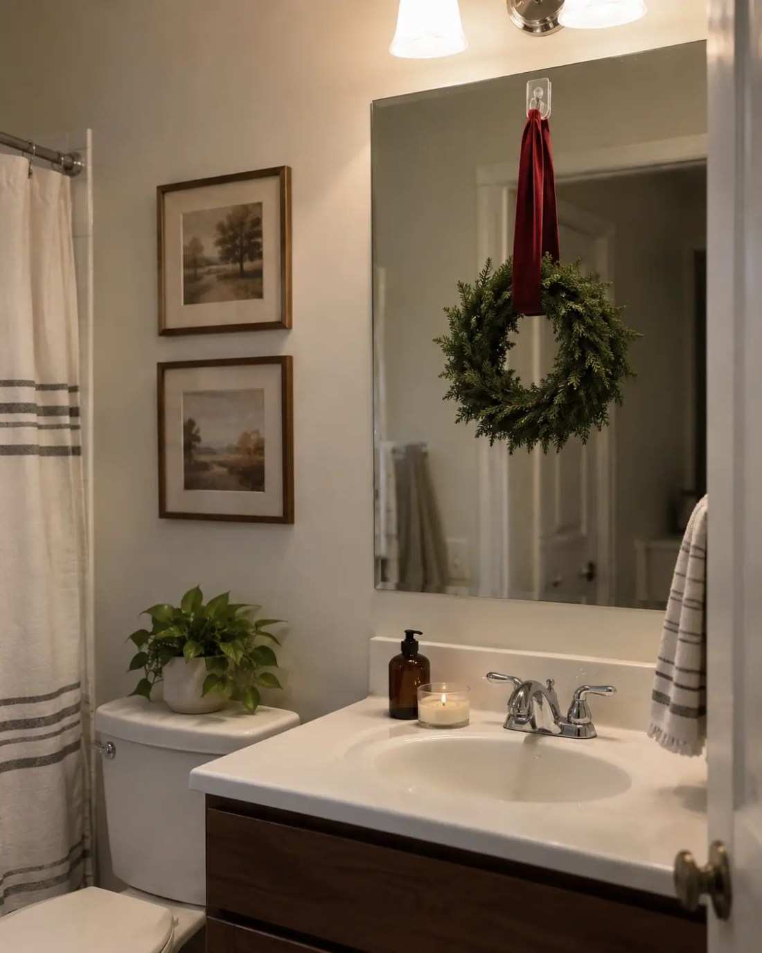 Small round wreath on mirror, white bathroom, red bow, subtle festive touch