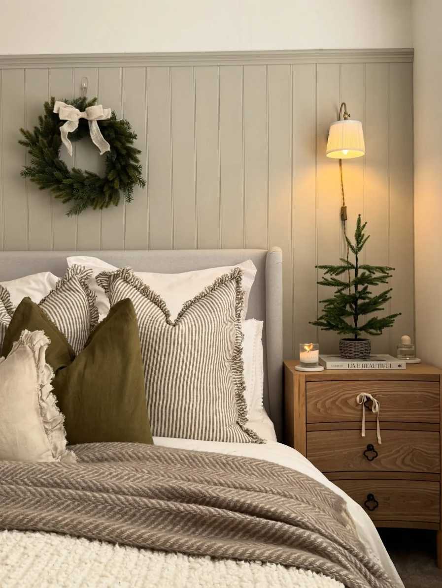 Bedroom with a single wreath and mini tree, neutral colors, and soft lighting.