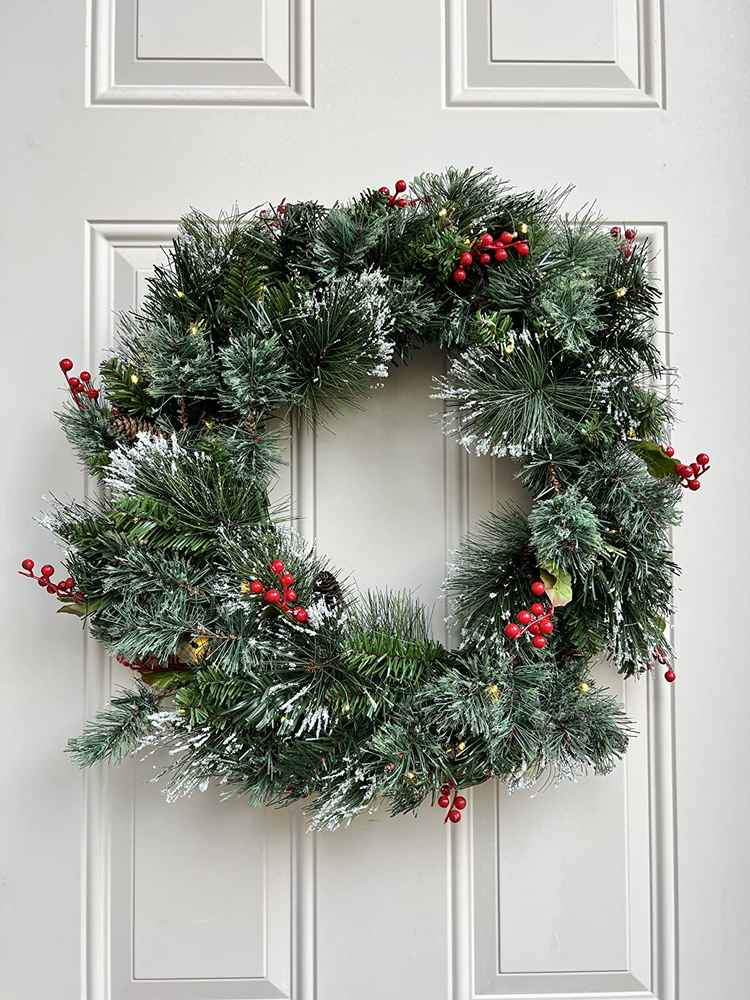 Minimalist entryway door featuring delicate frosted pine needles and sparse red berries.