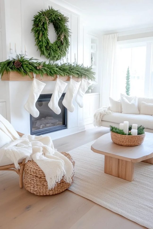 Minimalist white mantel decorated with simple eucalyptus garland and plain white felt stockings.