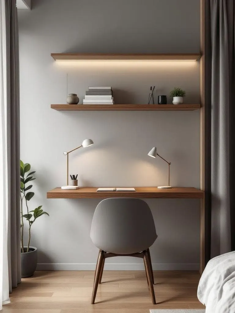 Minimalist men’s bedroom with a floating desk, sleek wall‑mounted shelf, and contemporary lighting.