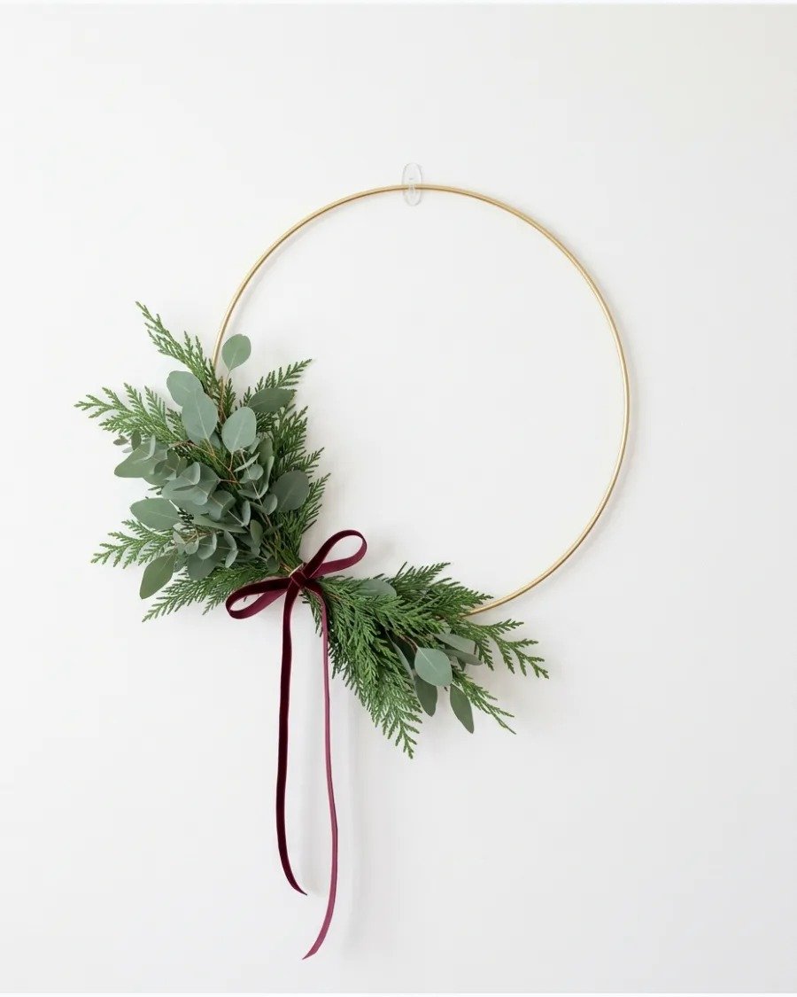 Minimalist gold metal hoop wreath on grey wall with modern art