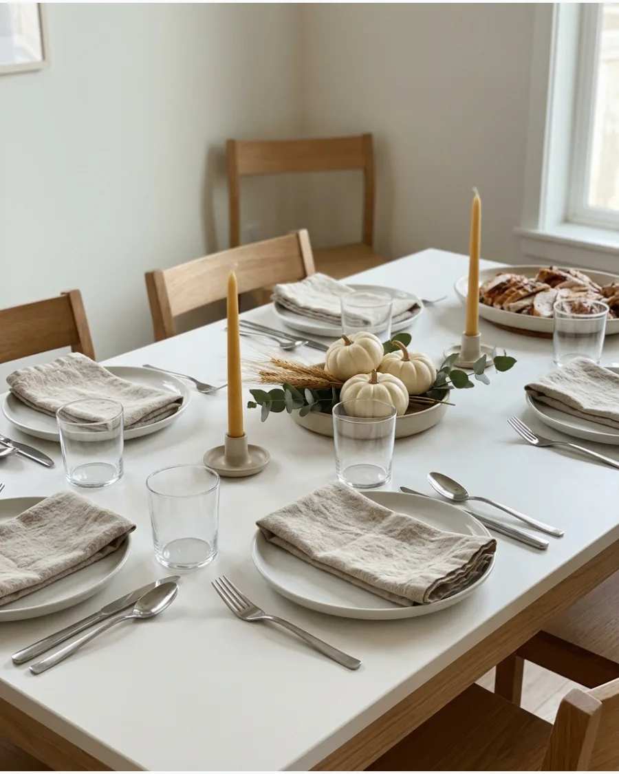Minimalist white mini pumpkins and taper candles on a clean table