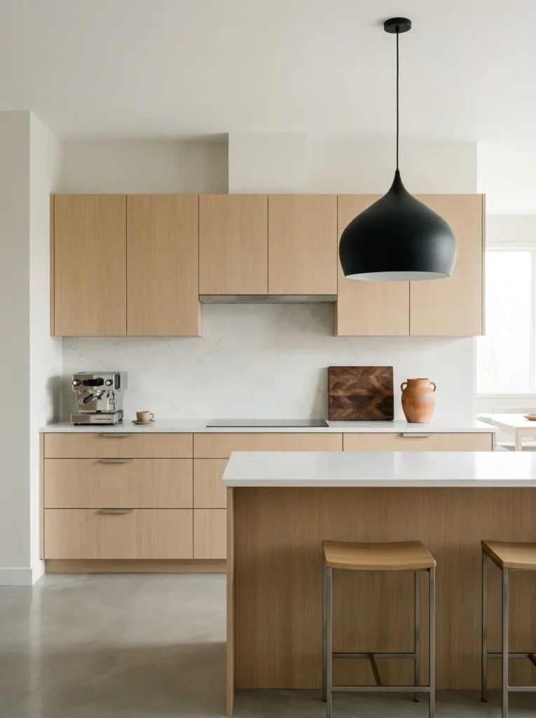 Minimalist kitchen with light oak cabinets, white concrete countertop, hidden handles, pendant lighting with exposed bulbs.